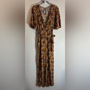 BAND OF GYPSIES Sz M Floral Wrap Bodice Jumpsuit 100% Viscose Flare Sleeve
